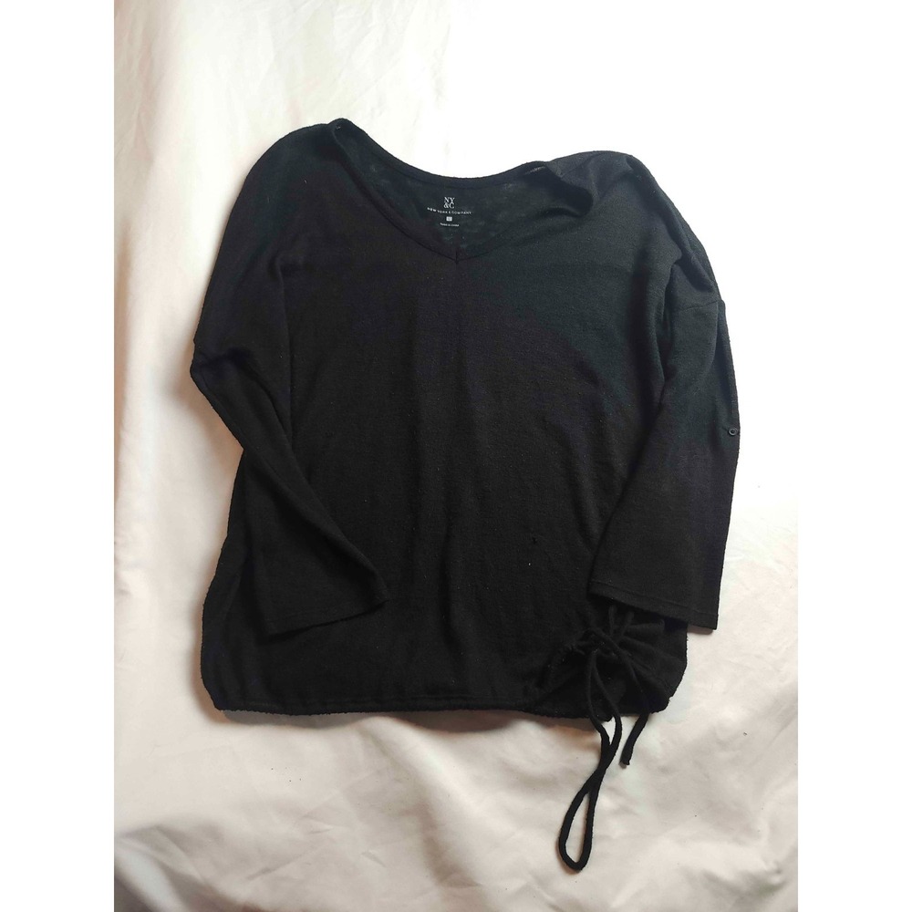 New York Company Sweater Womens L‎ Black Knit Ruched Side Casual V-Neck Pullover